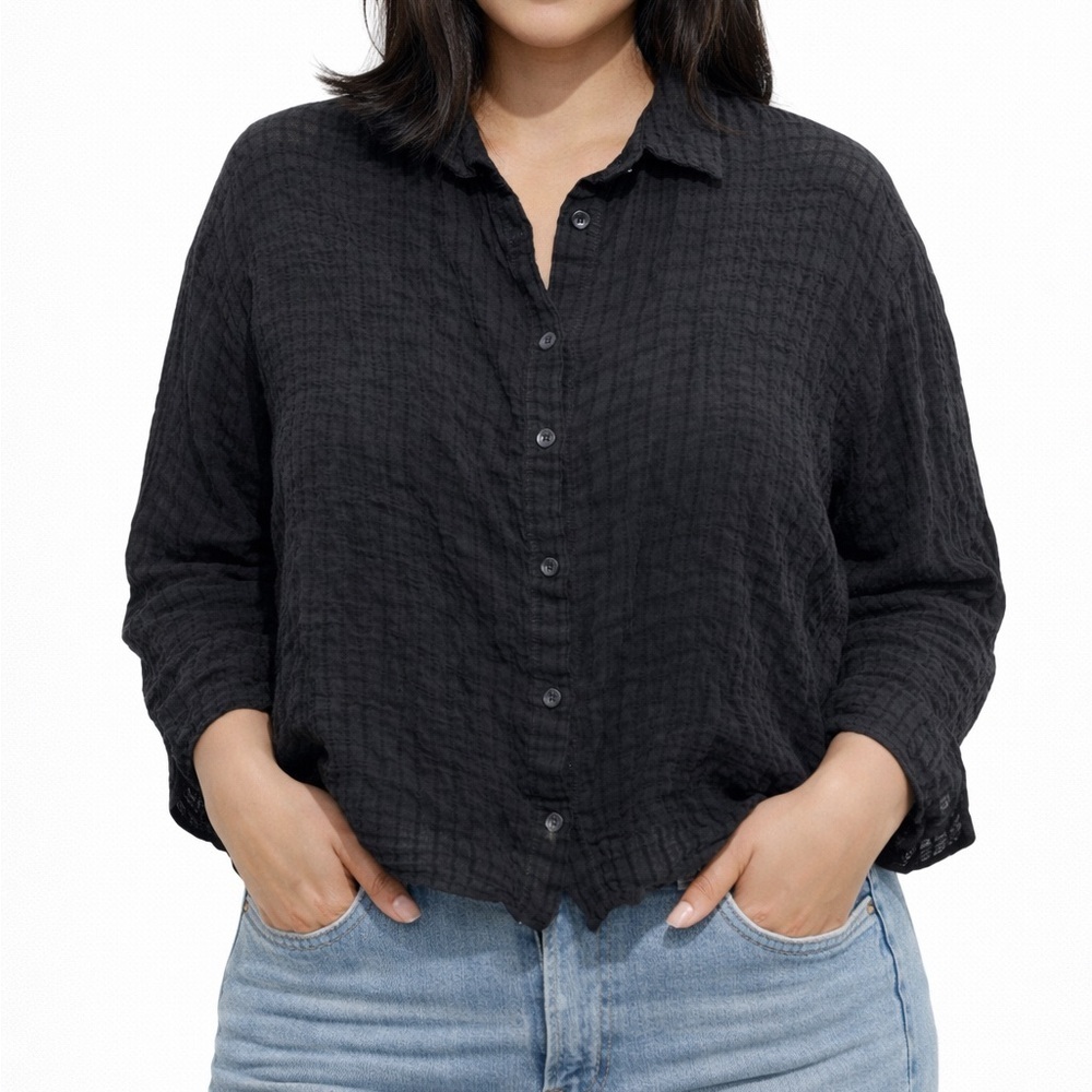 SHEIN Curve Black Sheer Textured Button-Up Top – OXL Plus Size